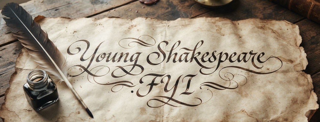 ‘Young Shakespeare .FYI’ written in calligraphy on a sheet of old parchment, beside a quill and an inkwell.